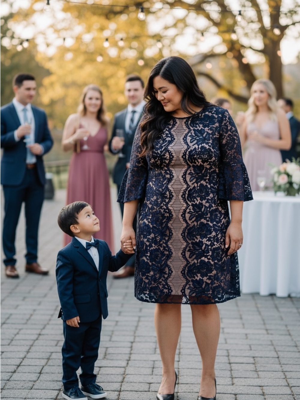 Gabby Skye Navy Lace Overlay Dress with Nude Lining